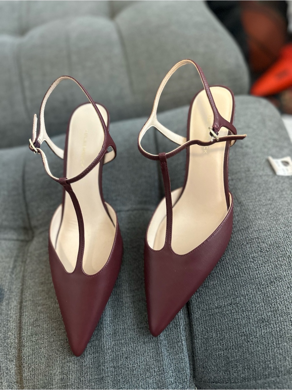 Tuckernuck Burgundy Pointed-Toe T-Strap Slingback Heels - Picture 4 of 5